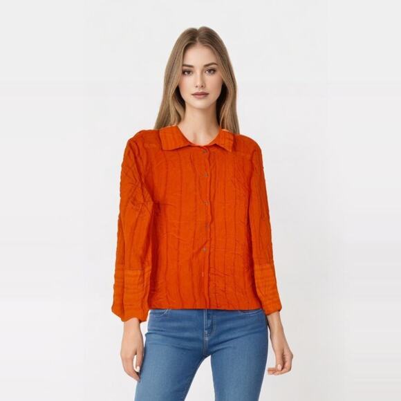 2/$30 ZARA Striped Button-Down Blouse Medium Red Round Hem Wide Sleeve #6514 - Picture 1 of 13